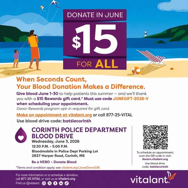 Corinth police host blood drive June 3