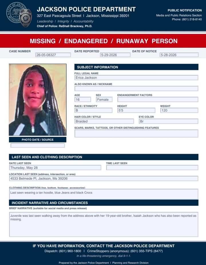 Jackson police seek missing 16-year-old Erica Jackson