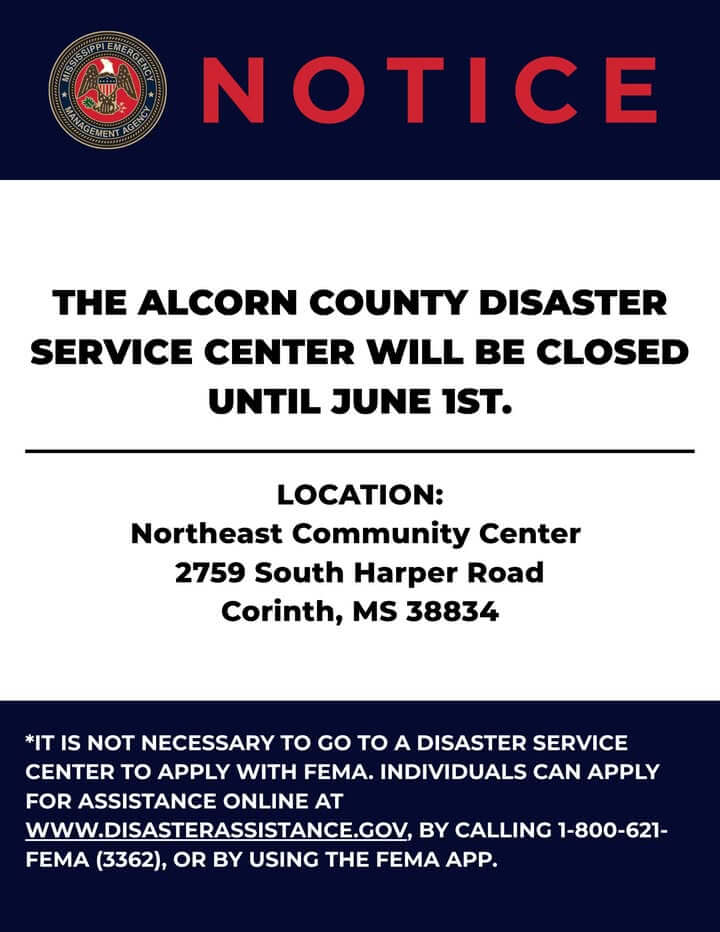 Alcorn County disaster center closes until June 1