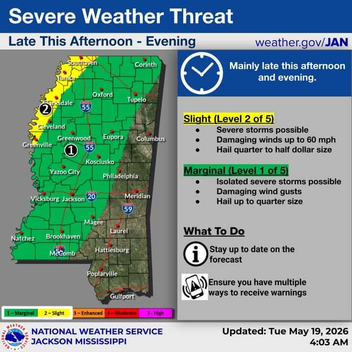 National Weather Service issues slight risk for Mississippi storms