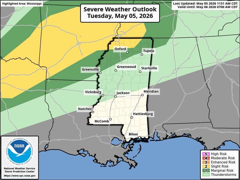 MEMA warns of enhanced severe weather risk across central Mississippi