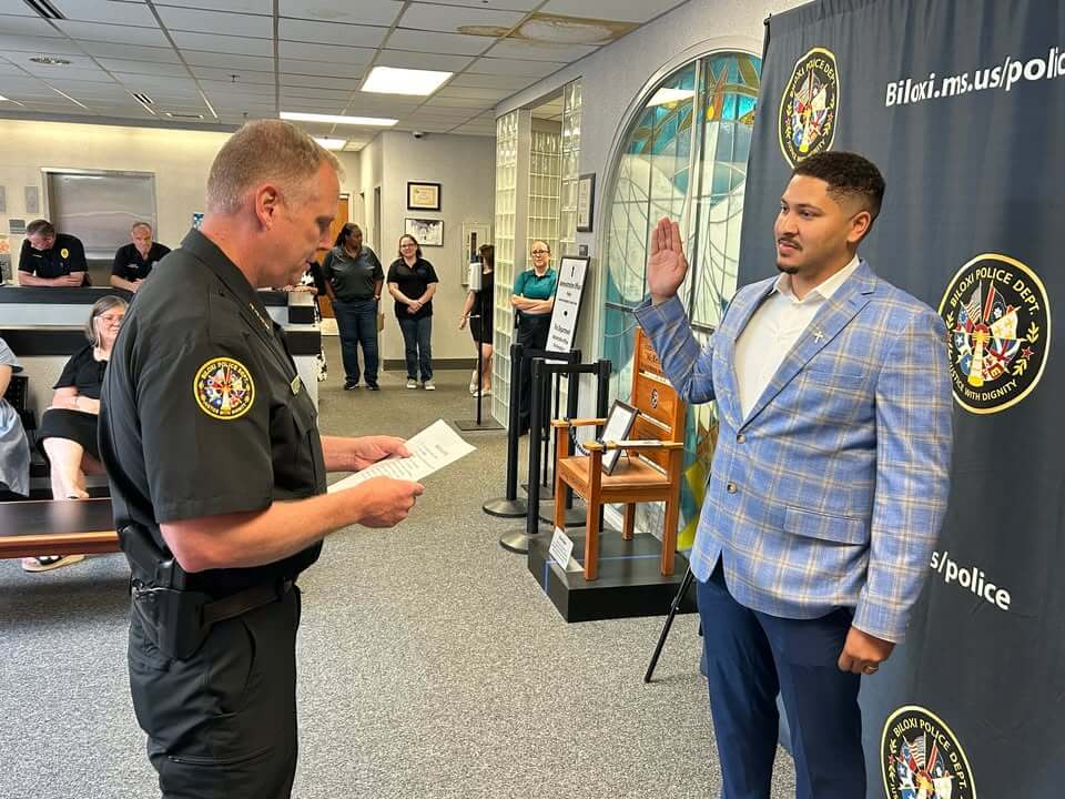 Biloxi Police swear in officer, hire dispatcher at public safety center