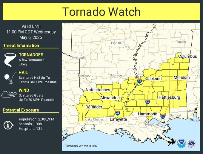Tornado watch issued for Rankin County, parts of Mississippi and Louisiana