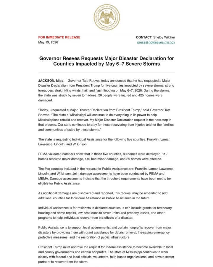 Official requests Major Disaster Declaration from President Trump