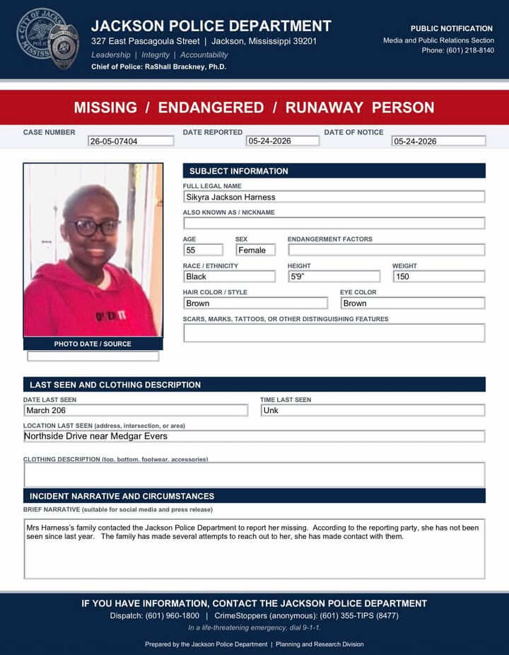 Jackson police seek 55-year-old Sikyra Jackson-Harness