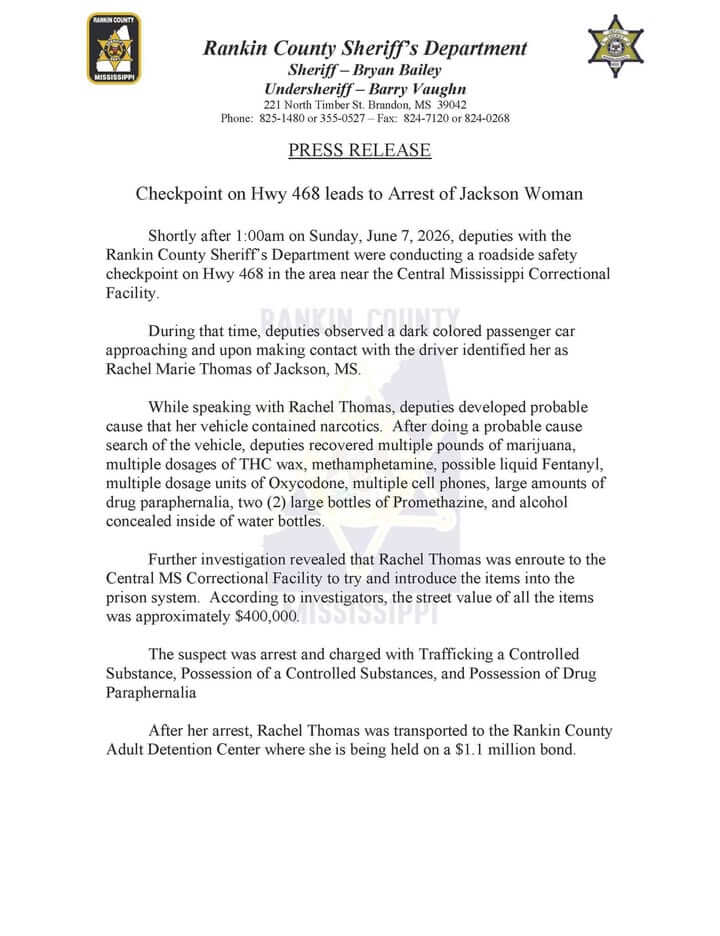 Checkpoint on Hwy. 468 leads to arrest of Jackson woman
