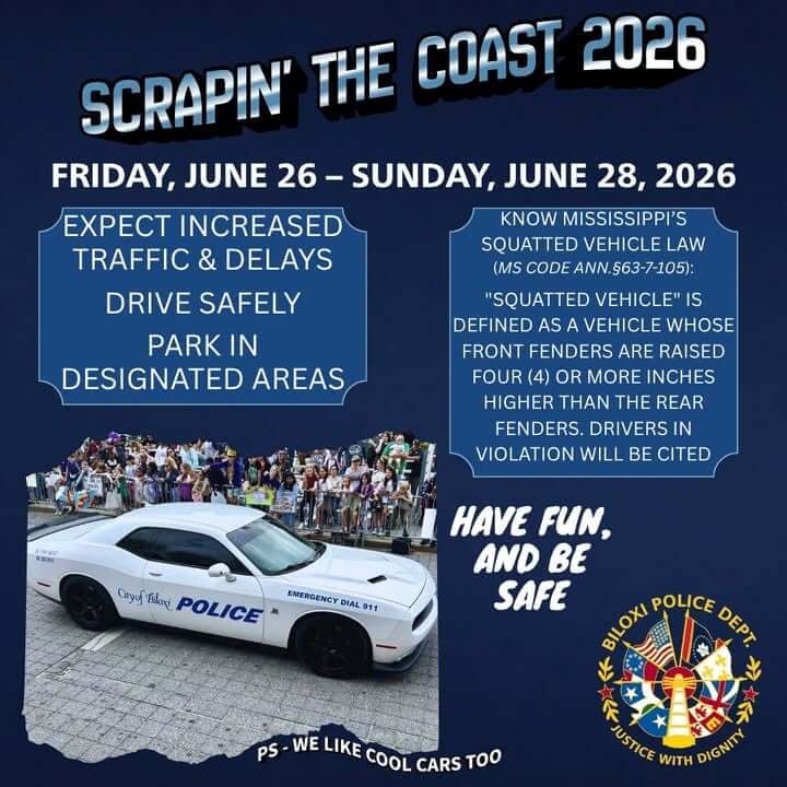 Biloxi police warn of traffic, parking rules for Scrapin' the Coast 2026