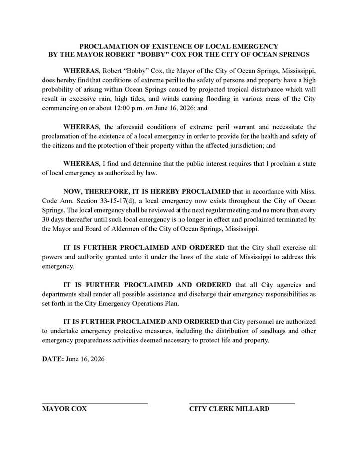 Ocean Springs declares local state of emergency over severe weather