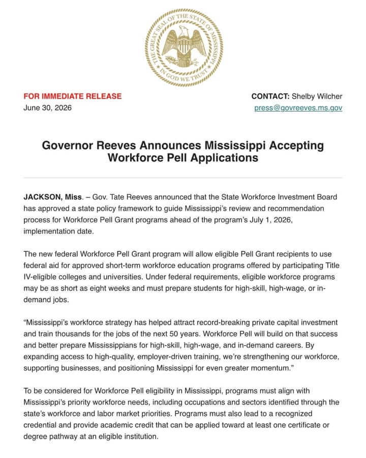 Accelerate MS opens Workforce Pell applications, Reeves says