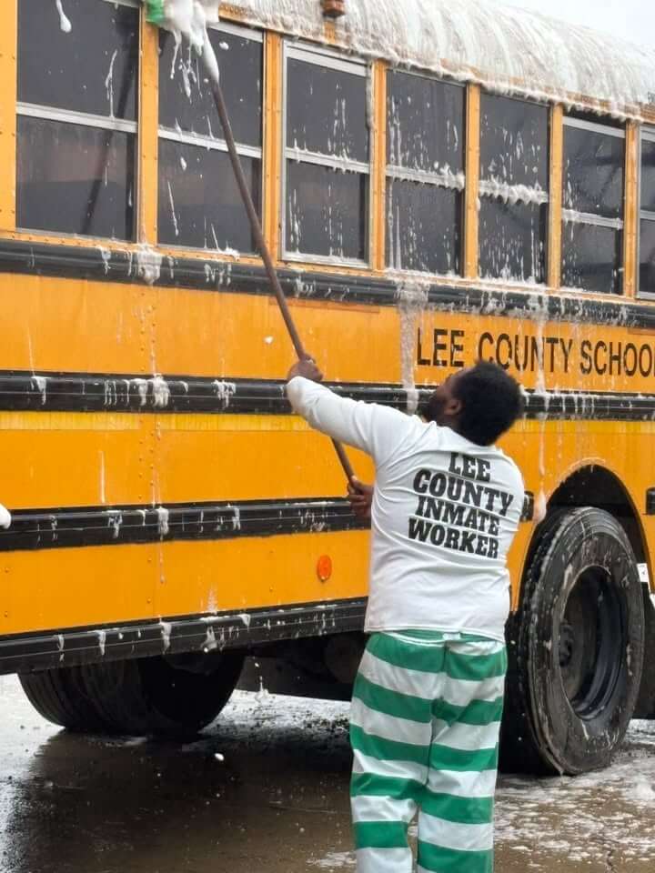 Lee County inmate work center washes school buses for upcoming year