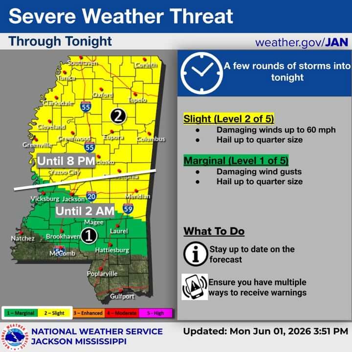 National Weather Service expands slight risk for severe storms in Mississippi