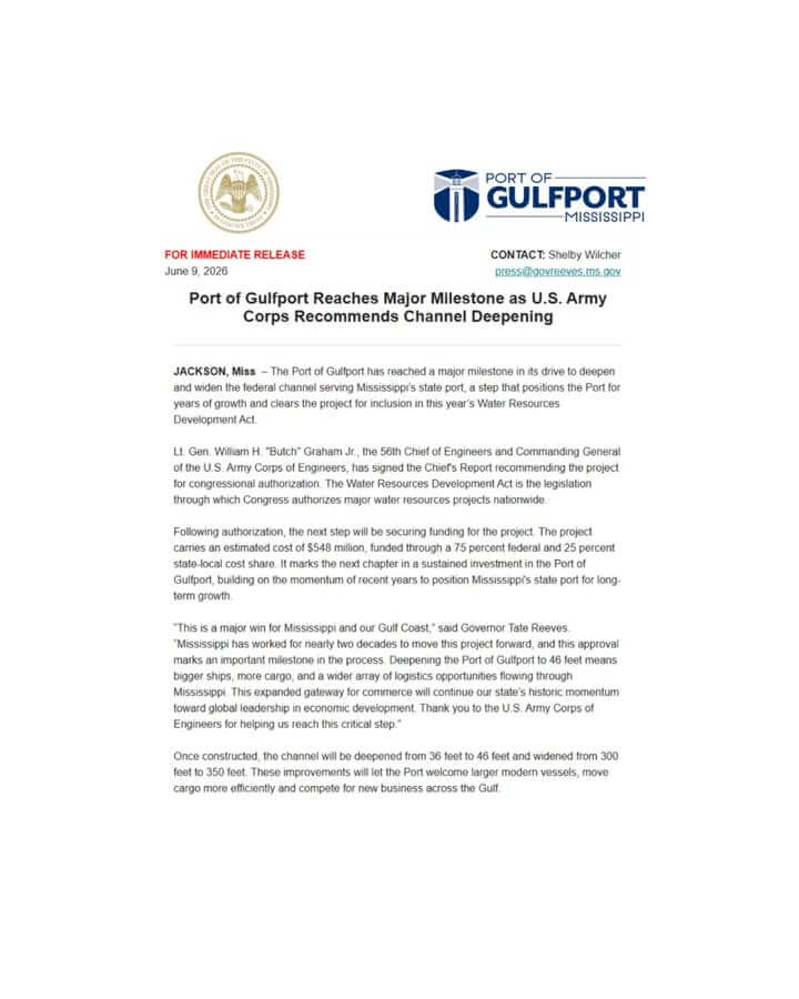 Reeves hails approval to deepen Port of Gulfport to 46 feet