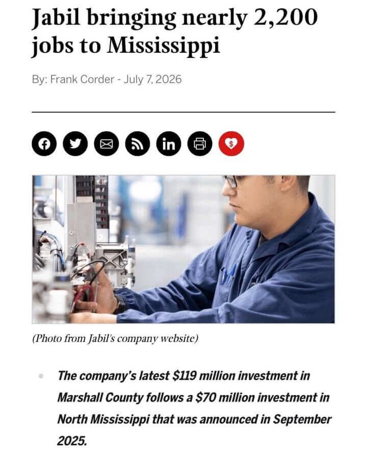 Jabil expands in Mississippi nine months after first Marshall County site