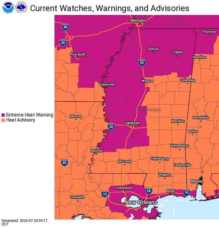 Mississippi under extreme heat warning; heat index may reach 110–115
