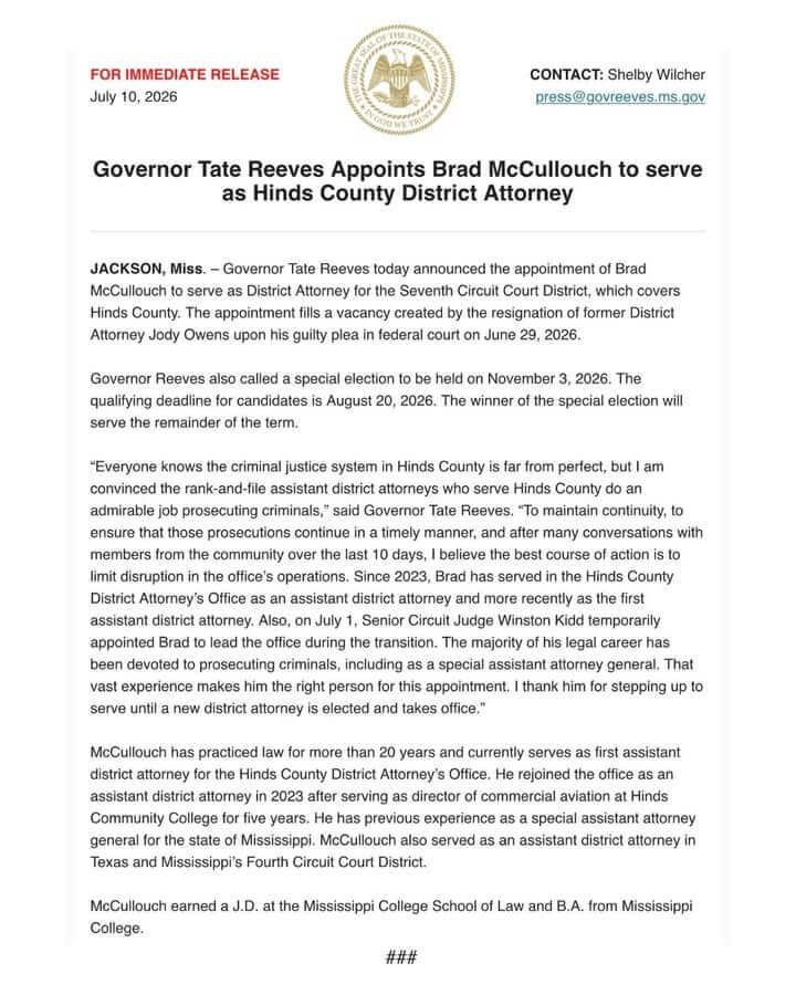 Official appoints Brad McCullouch as Seventh Circuit district attorney