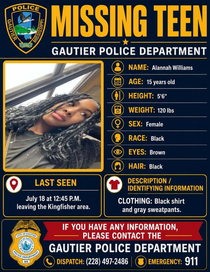 Gautier police seek missing 15-year-old Alannah Williams