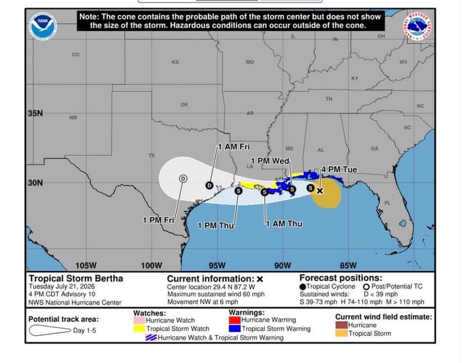 Bertha set to make landfall in lower Louisiana tomorrow