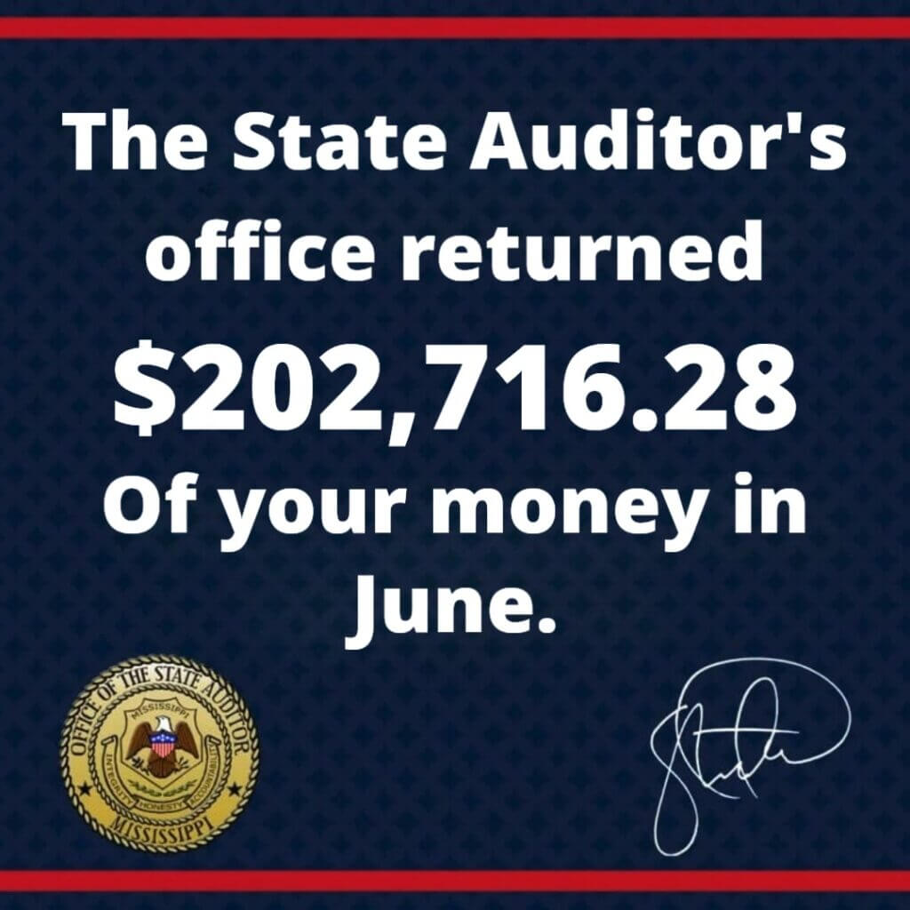 Mississippi auditor returns $202,716 to taxpayers in June