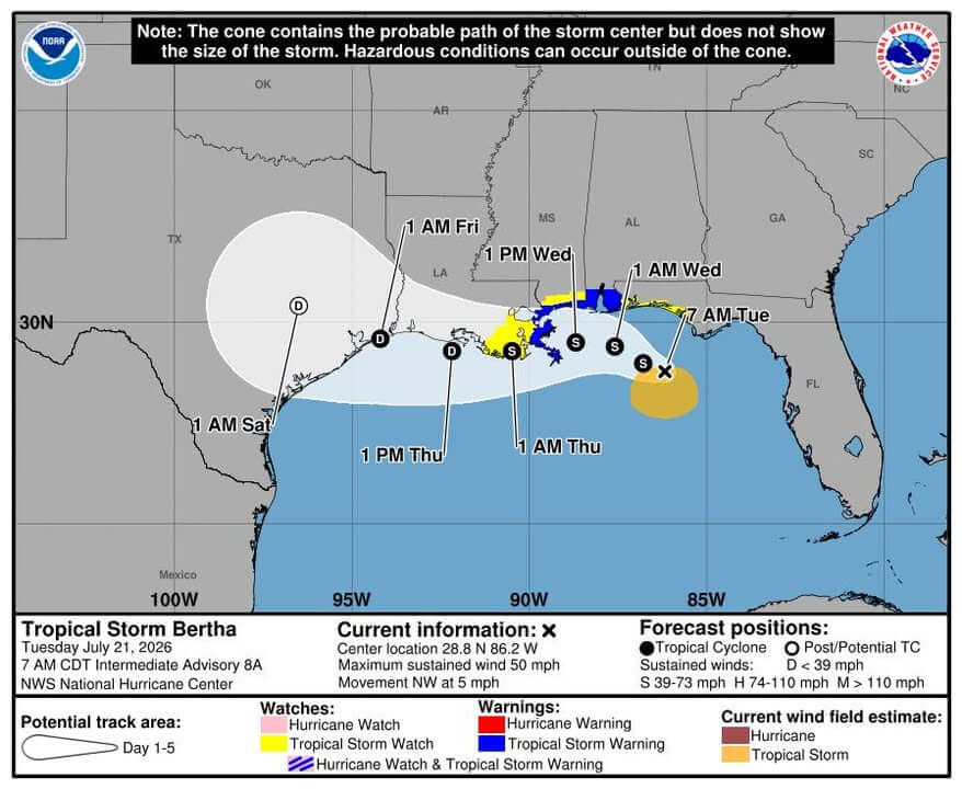 Tropical Depression Two becomes Tropical Storm Bertha
