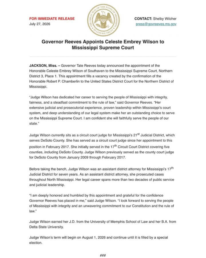 Celeste Embrey Wilson named to Mississippi Supreme Court