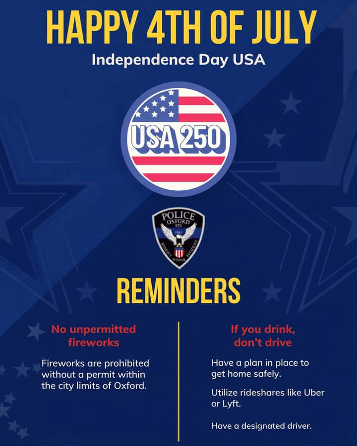 Oxford police urge safe Fourth of July, remind fireworks require permit
