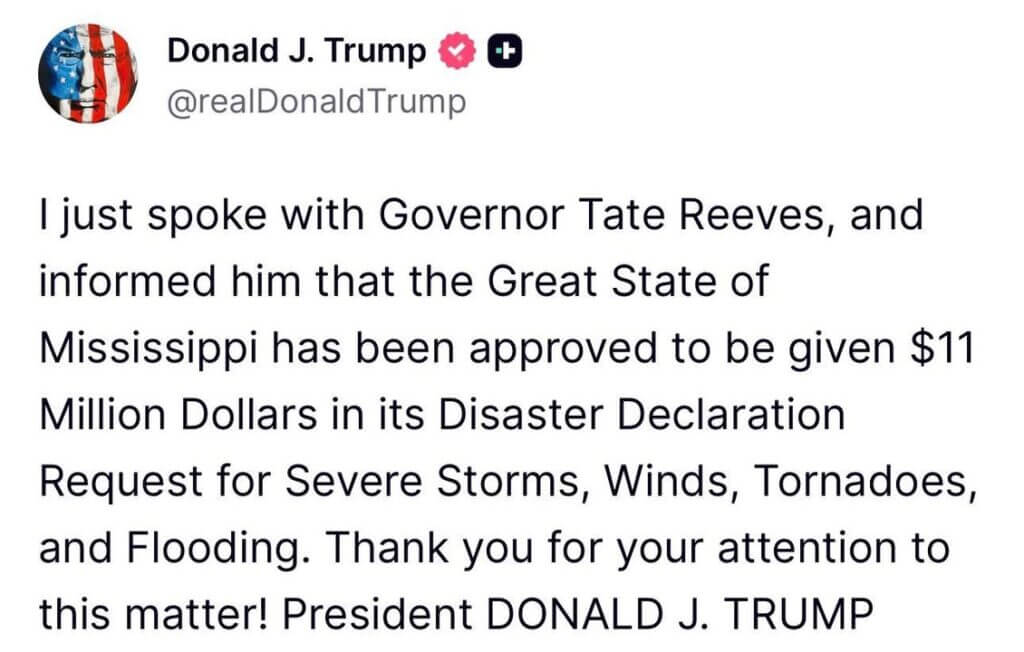 Trump approves Mississippi federal disaster request, Facebook post says