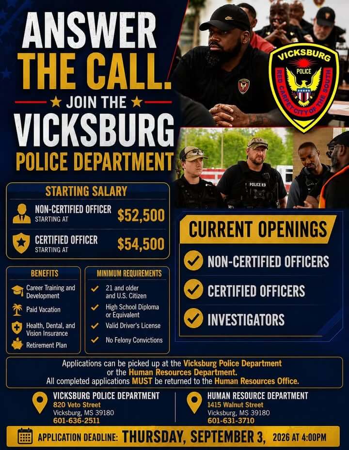 Vicksburg Police Department announces hiring drive