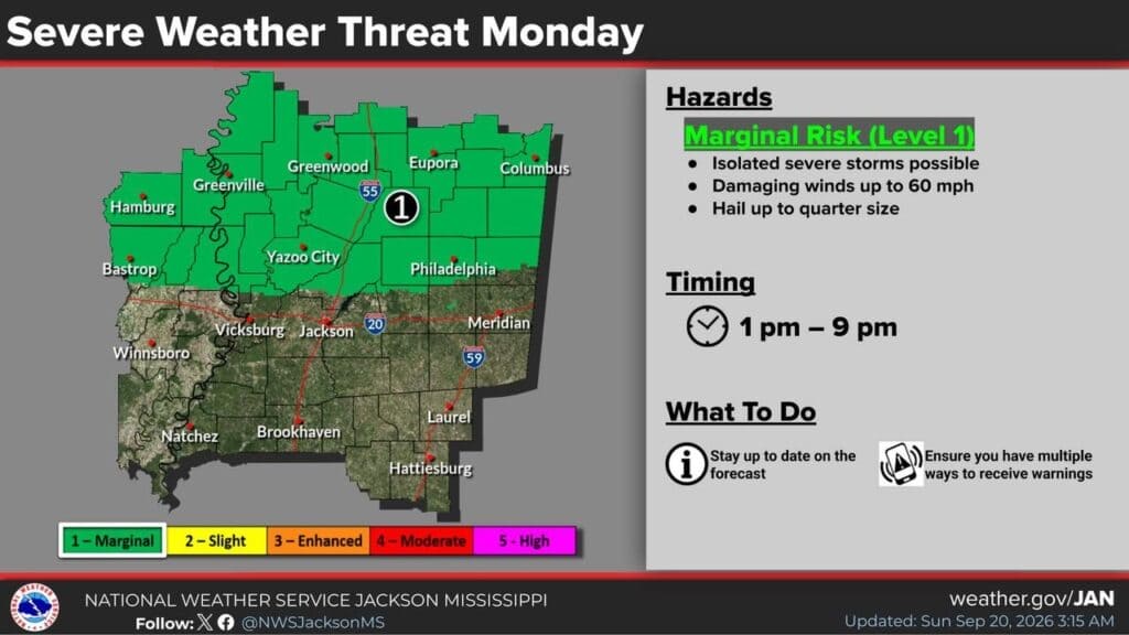 NWS Jackson map showing a marginal severe-storm risk along and north of Interstate 20 on Monday, September 21, from 1 to 9 p.m.
