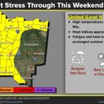 Showers and thunderstorms expected to spread across area by Friday National Weather Service Jackson map showing limited heat stress through the weekend, updated September 10, 2026.