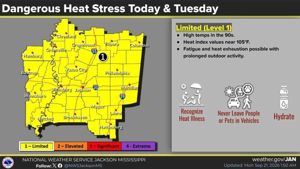 NWS Jackson map showing limited heat stress and heat indices near 105 degrees for September 21 and 22, 2026.