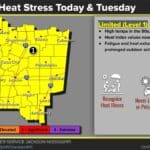 Mississippi news: Monday storm risk, 105-degree heat and Oxford parent safety class NWS Jackson map showing limited heat stress and heat indices near 105 degrees for September 21 and 22, 2026.