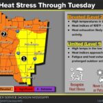 Heat stress conditions expected through Tuesday NWS Jackson heat-stress outlook issued September 13, 2026, showing elevated and limited risk through Tuesday.