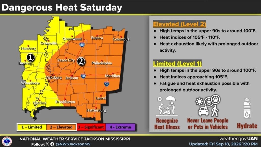 National Weather Service Jackson map showing elevated heat stress across eastern areas and limited heat stress to the west for Saturday, September 19, 2026.