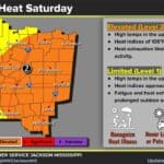 Elevated heat stress expected Saturday in eastern areas National Weather Service Jackson map showing elevated heat stress across eastern areas and limited heat stress to the west for Saturday, September 19, 2026.