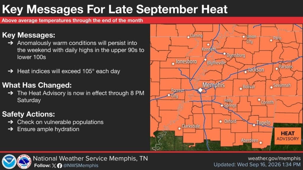 National Weather Service Memphis map showing a heat advisory across northern Mississippi through Saturday, September 19, 2026.