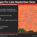 Heat advisory extended through Saturday as heat indices top 105 degrees National Weather Service Memphis map showing a heat advisory across northern Mississippi through Saturday, September 19, 2026.
