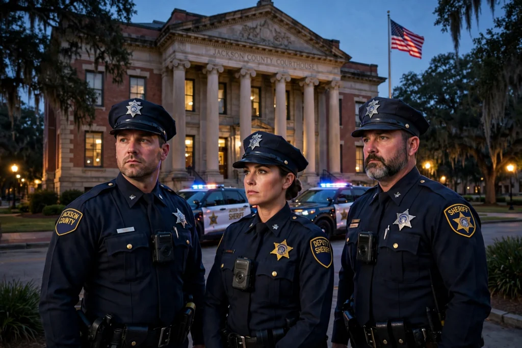 Mississippi law enforcement officers in front of a county courthouse at dusk