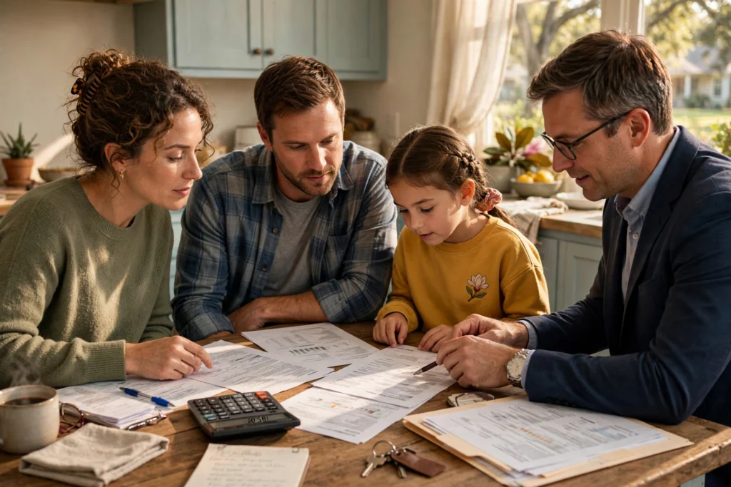 Mississippi family reviewing life insurance paperwork with an advisor at the kitchen table