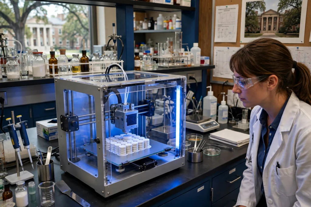 3D printer building medication tablets in a University of Mississippi research lab