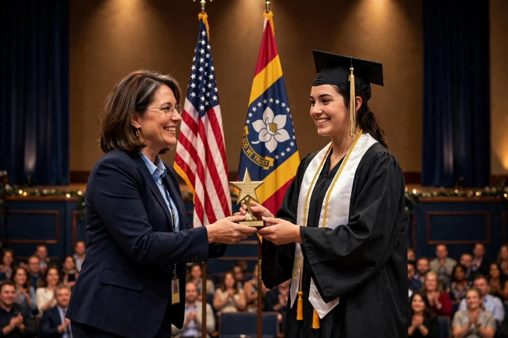 Teacher presenting a STAR Program award to a Mississippi high school senior on stage