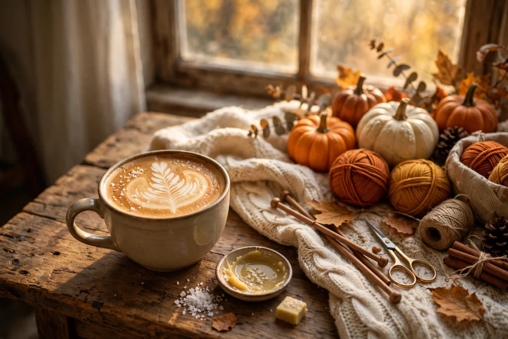 Salted brown butter latte with fall home decor on a rustic wooden table