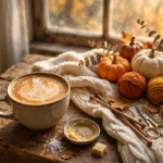 Yelp: Fallternative Flavors, Holiday Decor and Analog Hobbies Trending This Fall Salted brown butter latte with fall home decor on a rustic wooden table