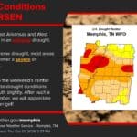 Mississippi news: Coastal flood advisory, Jackson rescue and Sunday I-55 closures NWS Memphis October 1 drought graphic showing dry conditions across the Mid-South and expected rain through the weekend.