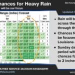 Mississippi news: Coastal flood advisory, Greenwood jobs and Southaven search NWS Jackson October 2 rain-timing graphic highlighting Sunday daytime as a heavier-rain period across its forecast region.