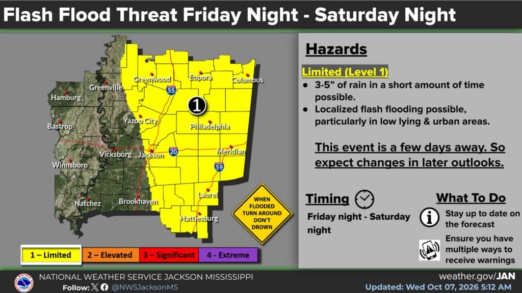 NWS Jackson October 7 outlook showing a limited flash-flood threat Friday night through Saturday night, with 3-5 inches of rain possible in the shaded central and eastern forecast area.