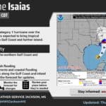 Mississippi news: Isaias warnings expand as MSU announces $10 million gift NWS Jackson October 8 Hurricane Isaias overview showing the forecast track toward the northern Gulf Coast and inland wind, rain and flooding hazards.