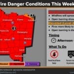Mississippi news: Friday fire warning, Artesia arrest and coastal gale watches NWS Jackson map showing Significant Level 3 fire danger across most of its forecast area this weekend, with advice to avoid burning and prevent sparks.