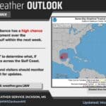 Mississippi news: Gulf odds climb to 80% as Coast rain threat returns NWS Jackson October 5 afternoon tropical outlook showing an 80% seven-day formation chance in the southwestern Gulf; shaded area is not a forecast track.