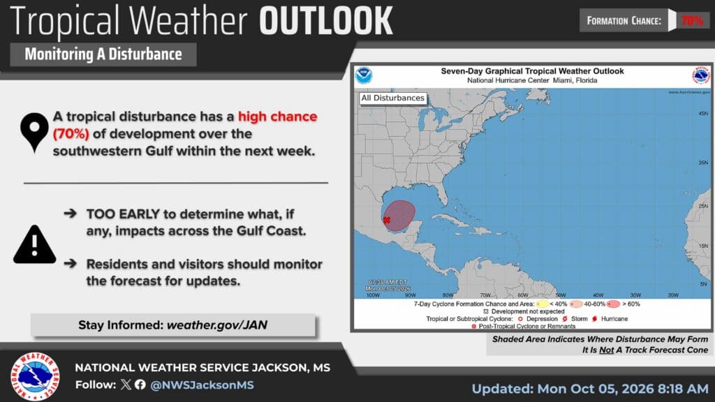 NWS Jackson October 5 tropical outlook showing a 70% seven-day formation chance in the southwestern Gulf; shaded area is not a forecast track.