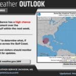 Mississippi news: Gulf development odds jump as coastal advisory and fire danger emerge NWS Jackson October 5 tropical outlook showing a 70% seven-day formation chance in the southwestern Gulf; shaded area is not a forecast track.